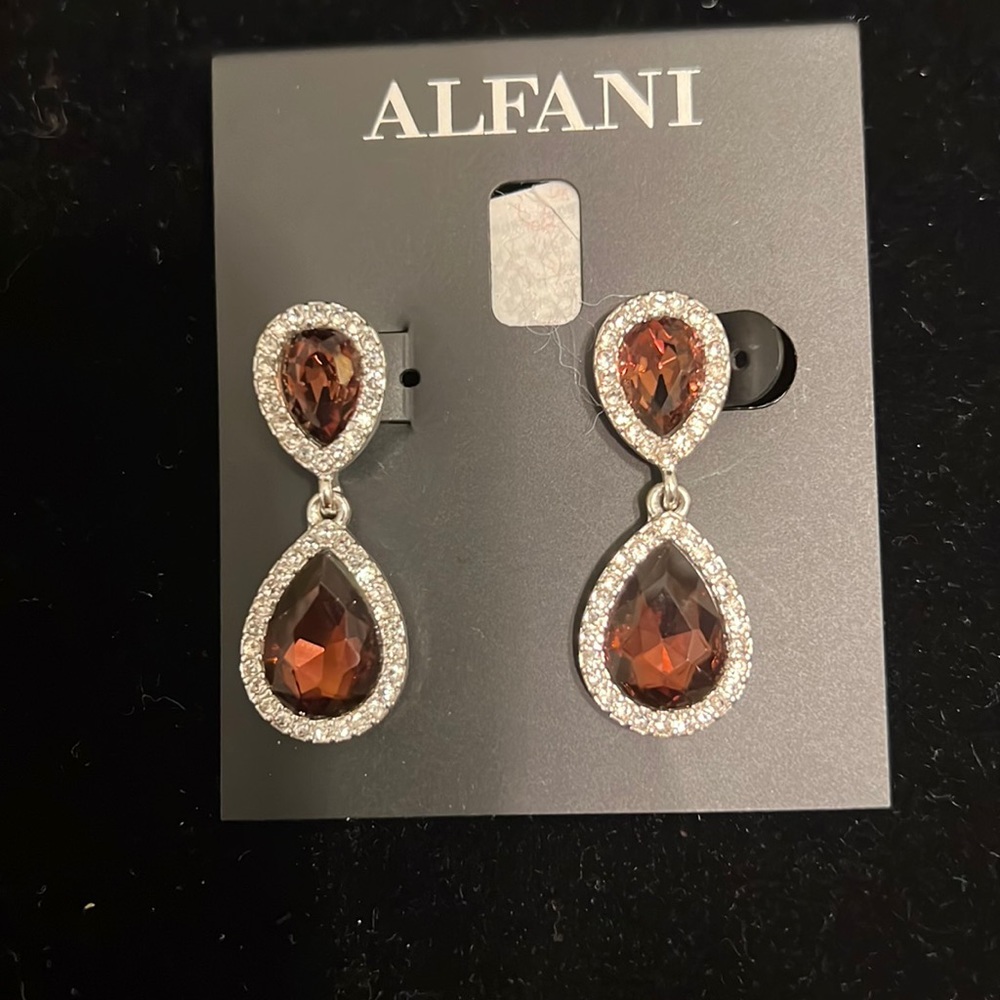 Alfani Beautiful Brown Gemstone With Rhinestones Pierced Drop Earrings NEW